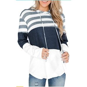 Long Sleeve Drawstring Sweatshirts Color Block Striped Pullover Top